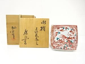 廣永窯　坪島土平造　赤絵　花鳥文　水指